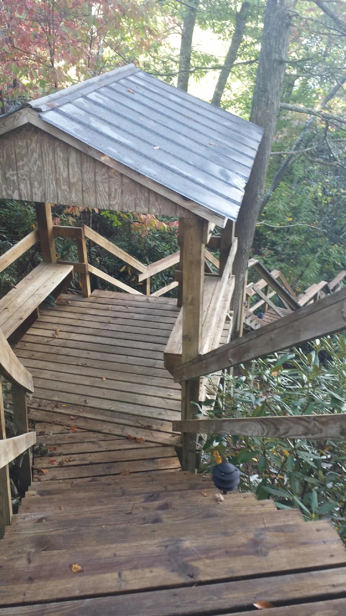 Metal roofed shelter over wooden steps on a wooded walkway — Skylight Repair & Installation work by our crew in Leavittsburg